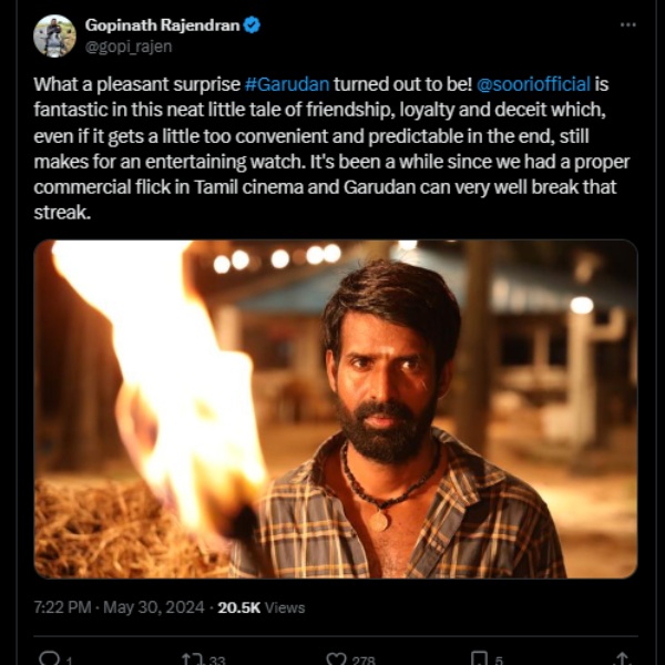 Review  Soori  Garudan  Yuvan Shankar Raja  Sasikumar  Unni Mukundan