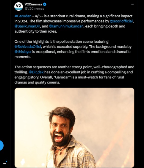 Review  Soori  Garudan  Yuvan Shankar Raja  Sasikumar  Unni Mukundan