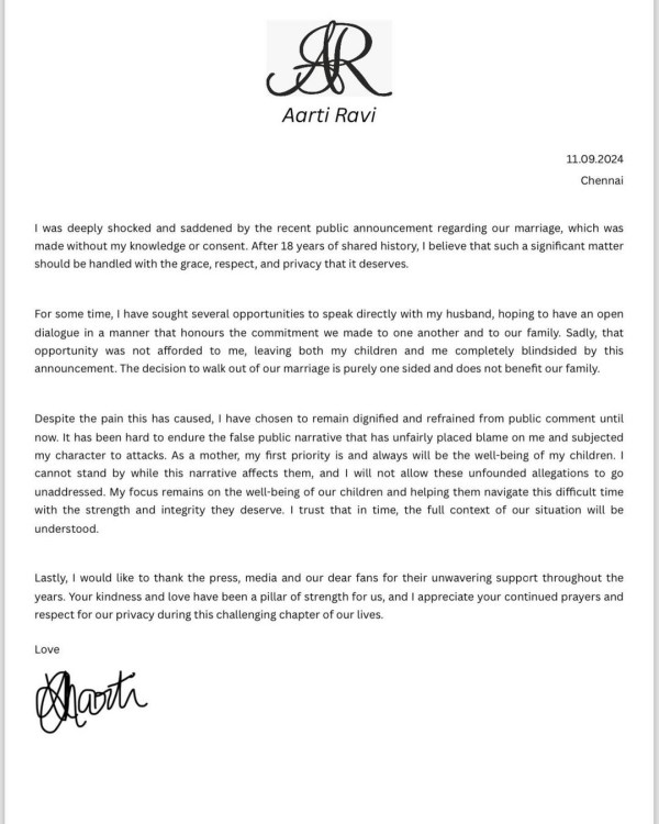 jayam ravi aarti ravi divorce