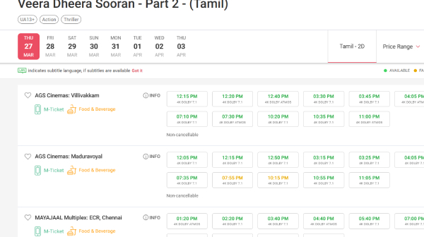 Veera Dheera Sooran Box Office Prediction is here in Tamil Day 1 Bookings are very dull
