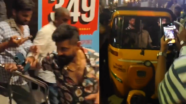 Chiyaan Vikram escaped with auto at Sathyam theater after watching Veera Dheera Sooran with fans