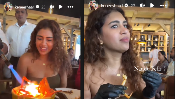 Keneesha Eats sea crabs at Srilanka Colombo With Ravi Mohan Instagram Story