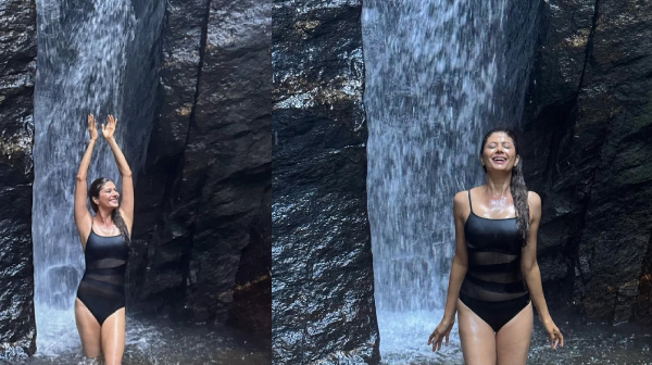 Actress Pooja Batra stunning bath at waterfalls photos steals the internet
