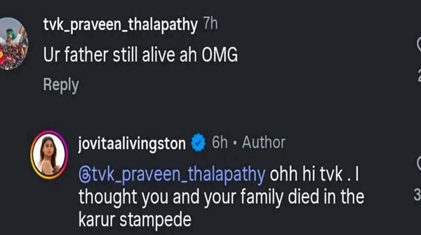Livingston s Daughter Jovita s Bold Reply to Vijay Fan s Insulting Comment Goes Viral