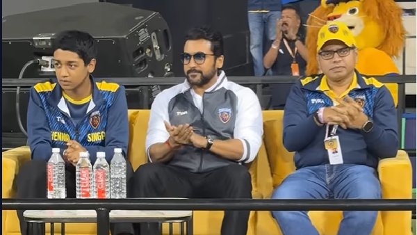 ISPL T10 Season 3 Suriya Watched Live Match With His Son Dev Chennai Singams Vs Ahmedabad Lions