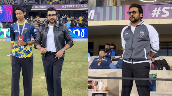 ISPL T10 Season 3 Suriya Watched Live Match With His Son Dev Chennai Singams Vs Ahmedabad Lions