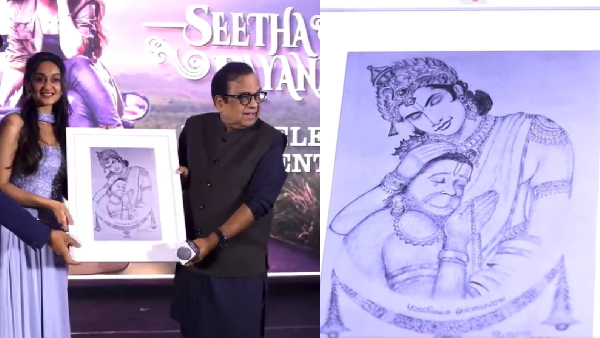 Brahmanandam presented his hand drawn picture of Hanuman amp amp Sri Rama To Aishwarya Arjun