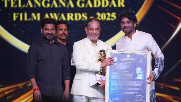 Telangana CM Revanth Reddy gives Paidi Jairaj Award to Kamal Haasan for his lifetime contribution