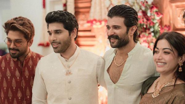 Vijay Deverakonda and Rashmika Mandanna attends Allu Sirish Pelli Koduku after their wedding