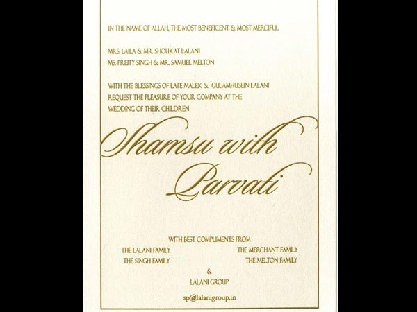 పార్వతి మెల్టన్ వెడ్డింగ్ కార్డ్ (ఫోటో)