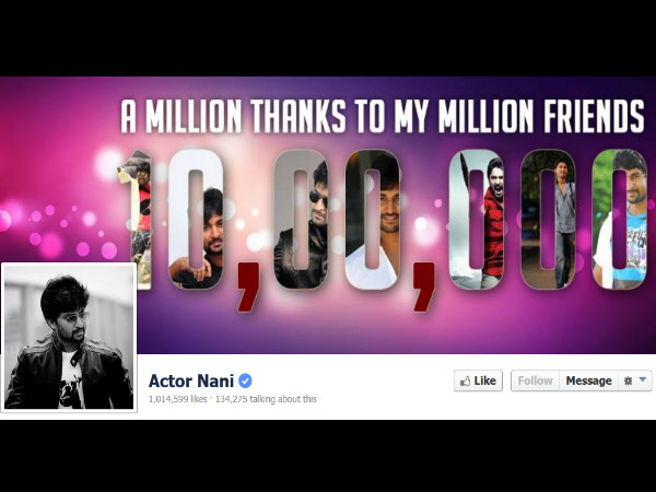 Nani has 1 Million followers on Facebook Nani has 1 Million followers on Facebook