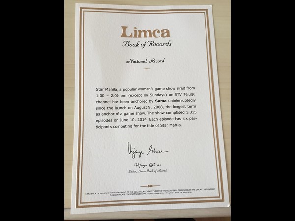 Suma enters Limca Book of Records for Star Mahila!