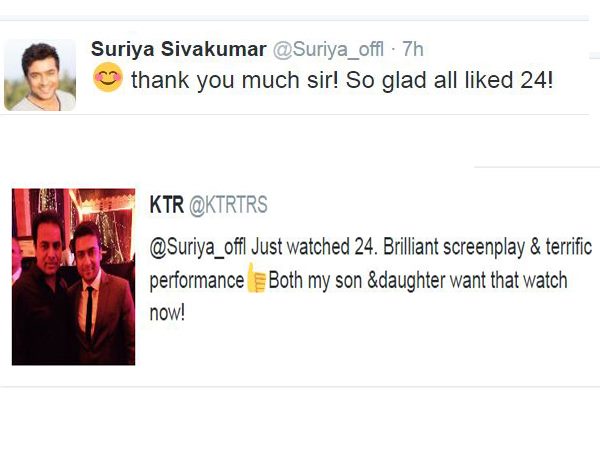 KTR praises Surya acting in 24