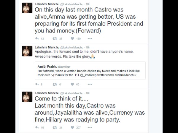 Manchu Lakshmi Prasanna Apologize For Copied Tweet Manchu Lakshmi Prasanna Apologize For Copied Tweet