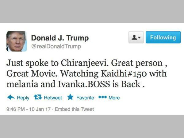 Donald trump tweet on Chiranjeevi's movie
