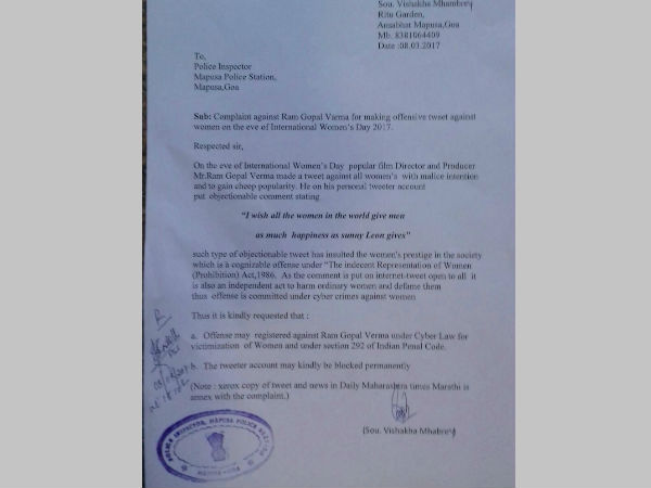 Complaint Filed Against RGV Over His Sunny Leone Tweet On Women's Day 