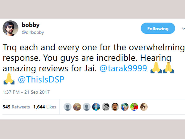 థాంక్స్ చెప్పిన బాబీ