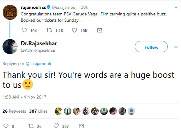 రాజమౌళి ట్వీట్కు రాజశేఖర్ రిప్లై