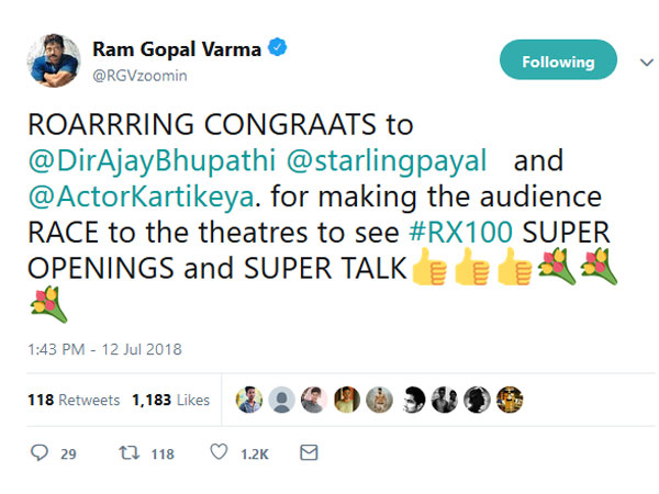 Ram Gopal Varma tweeted about RX 100 	