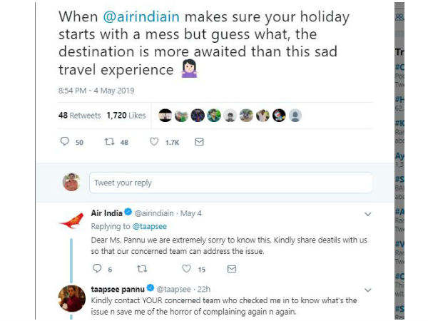 Actress Tapsee Pannu fired on Air India service