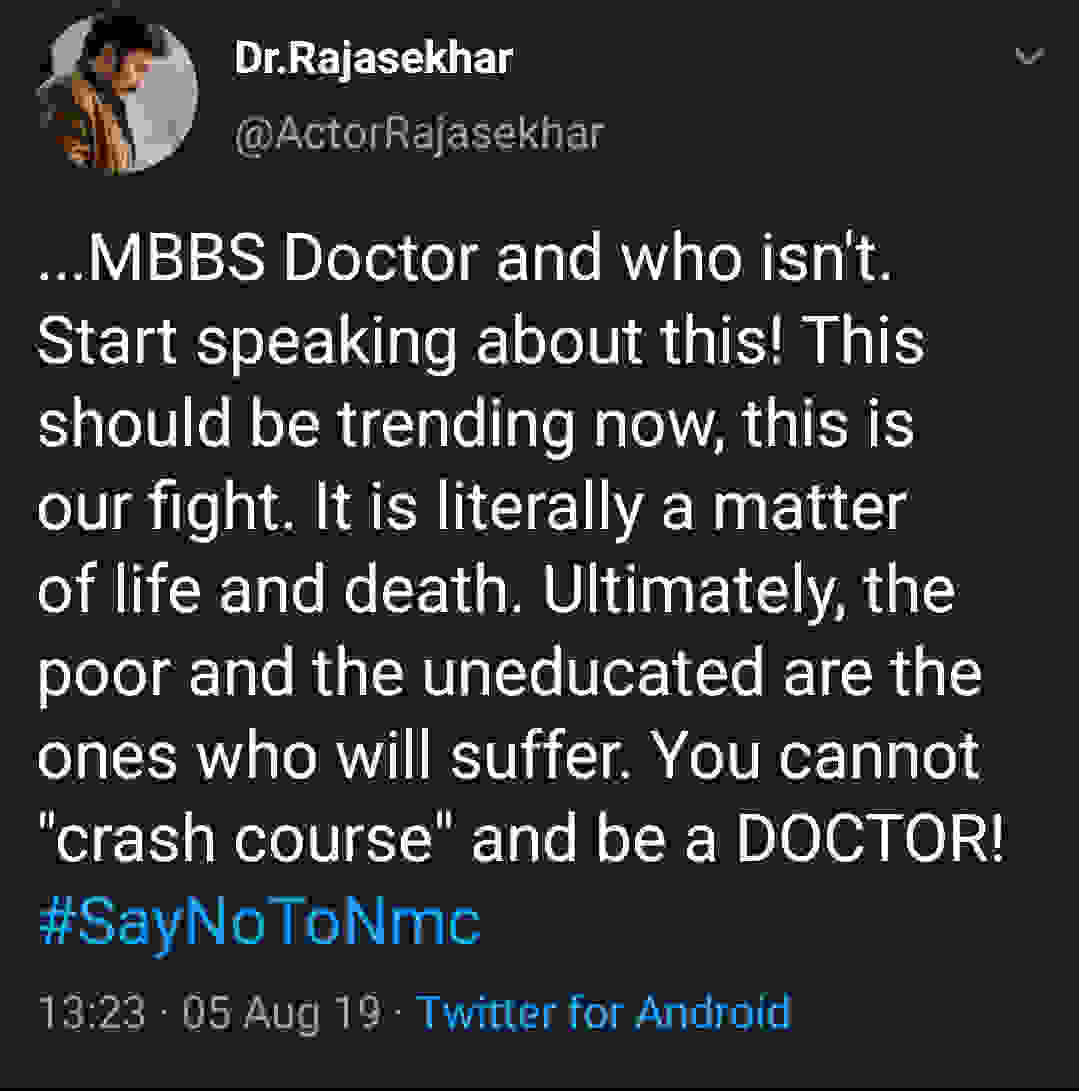 Hero Rajasekhar serious on National Medical Commissions MBBS crash course