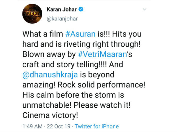  Karan Johar appreciation on Dhanush and Asuran