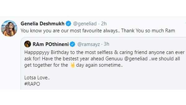 Genelia Deshmukh Birthday Ram Pothineni Tweet Goes Viral