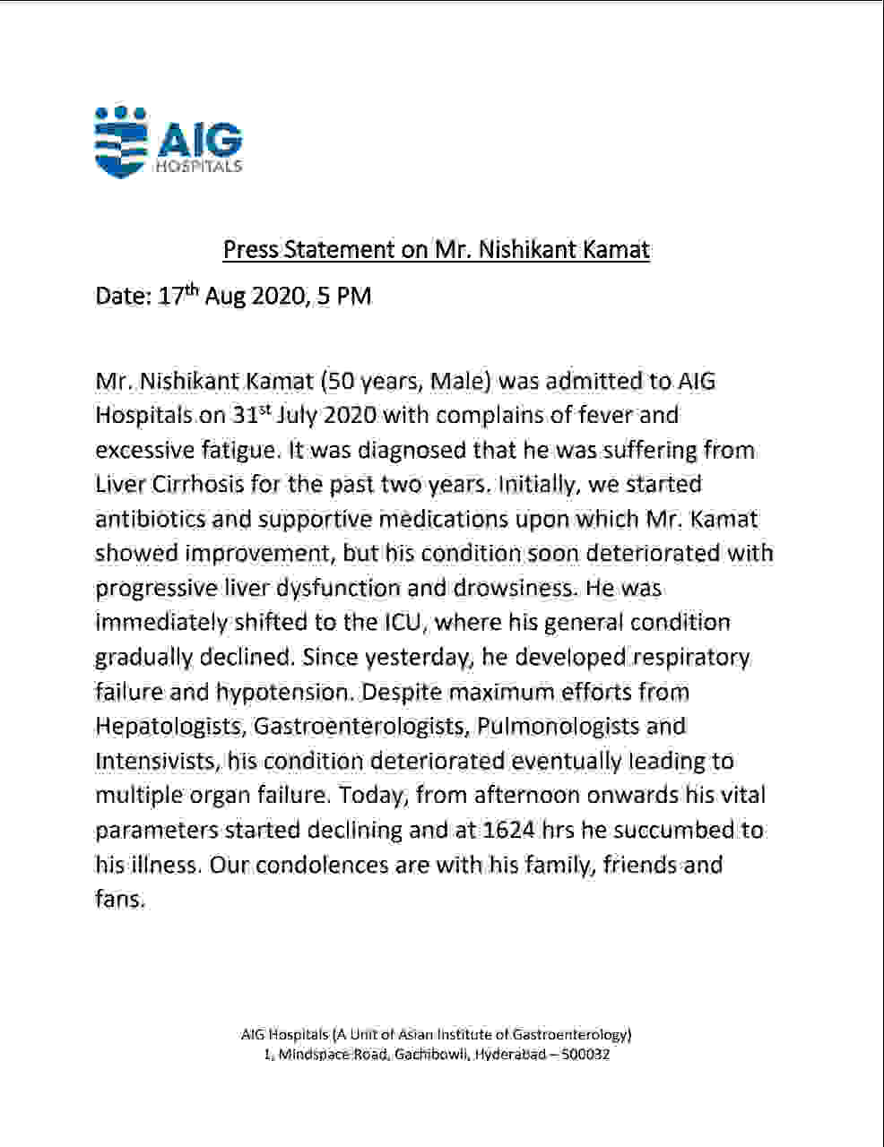 Dirshyam director Nishikant Kamat no more