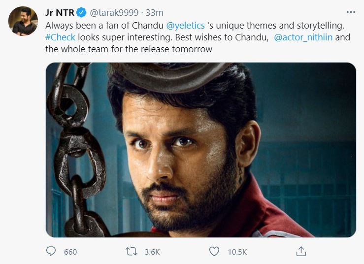 Jr NTR Send Special Wishes to Nithiins Check Movie