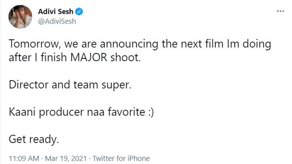 Adivi Sesh New Movie Update Tomorrow