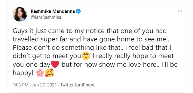Rashmika mandanna shocking comments on her die hard fan