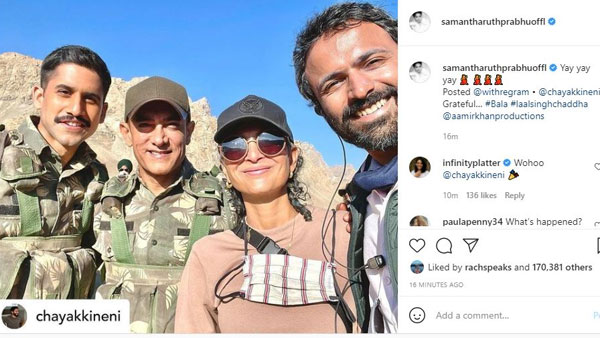 Samantha Ruthprabhu shares nagachaitanya and aamir khan photo at laal singh chaddha sets