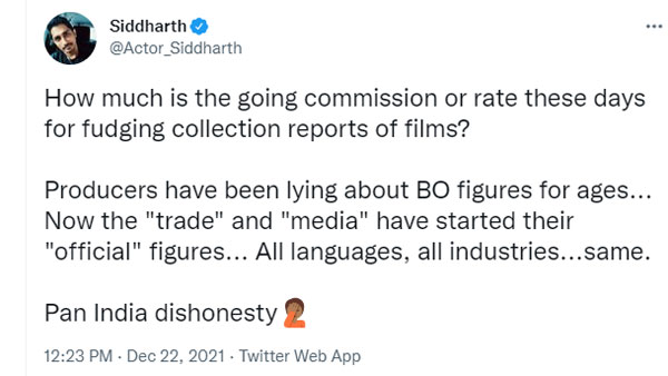 సిద్దార్థ్ కాంట్రవర్సీ ట్వీట్