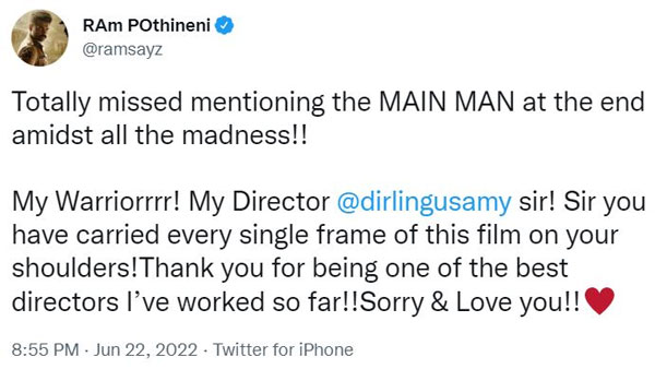 The WARRIORR: Ram Pothineni Says Sorry to Director Lingusamy