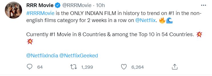  RRR Trending Since 2 Weeks in 54 countries worldwide on Netflix