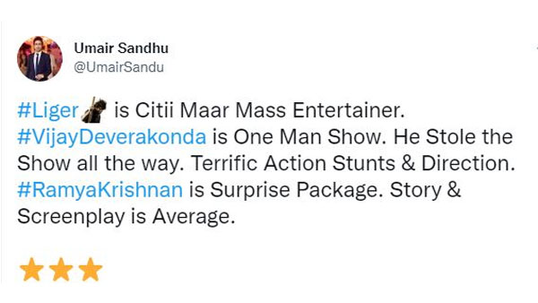 Vijay Devarakonda Liger First Review By Umair Sandhu Says Its Citii Mar Entertainer