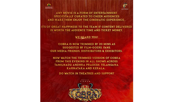 Chiyaan Vikrams Cobra run time trimmed by 20 Minutes after mixed reviews from the audience