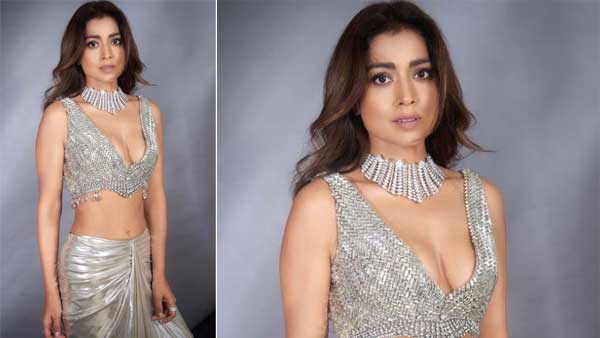 Shriya Saran Ravishing Cleavage Thigh Show In Latest Brown Color Dress Photoshoot