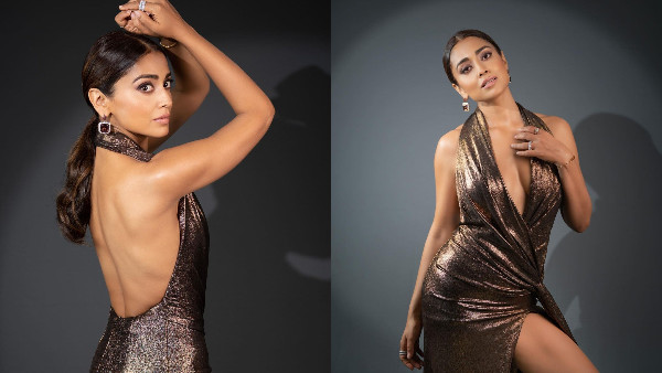 Shriya Saran Ravishing Cleavage Thigh Show In Latest Brown Color Dress Photoshoot