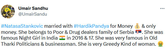 Umair Sandhu controversial tweet on Hardik Pandyas Wife Natasa Stankovic personal life