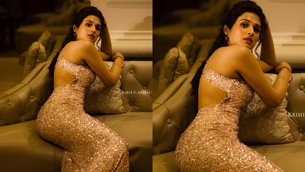 Shraddha Das Sizzling Looks In Latest Gold Colour Sleeveless Dress