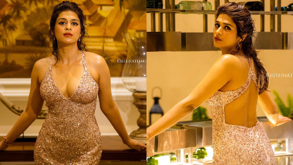 Shraddha Das Sizzling Looks In Latest Gold Colour Sleeveless Dress