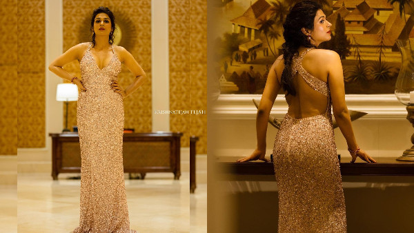 Shraddha Das Sizzling Looks In Latest Gold Colour Sleeveless Dress