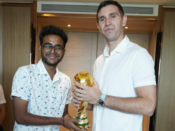 Nandamuri Balakrishna Fan Kartikeya Padi met Argentina Football Goalkeeper Emiliano Martinez