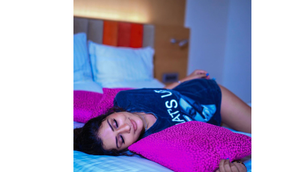 Payal Rajput Stunning Hot Look In Latest Blue Shirt On Bed
