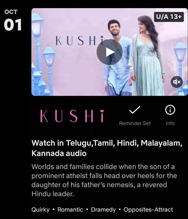 Vijay Deverakonda Starrer Kushi Movie Streaming on Netflix From October 1st