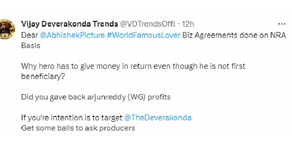 Vijay Deverakonda fans befitting reply to Abhishek Pictures tweet over World Famous Lover 6 crores losses