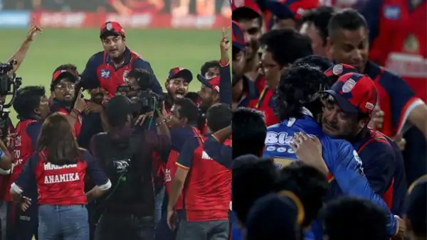 Bengal Tigers Captain Jisshu Sengupta touches Feet of Sudeep Kichcha after CCL 2024 Final Match Victory