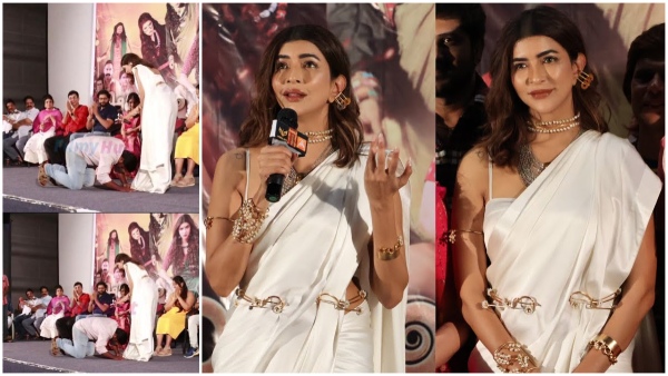 Fan bows to the feet of Manchu Lakshmi At Adiparvam Movie Event