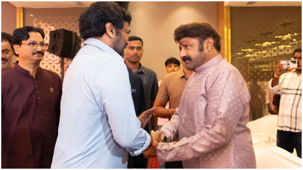 mega star chiranjeevi meets nandamuri balakrishna at ramajogayya sastry son s marriage
